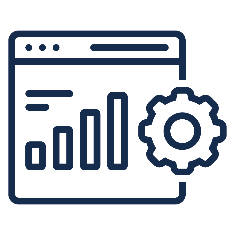 Icon of a web browser window displaying a bar chart and a gear symbol, representing data analysis or system settings.