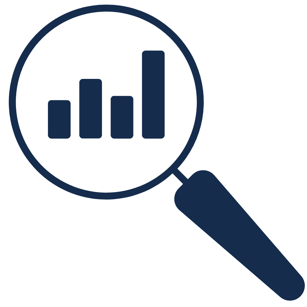 Icon of a magnifying glass magnifying a bar chart with four ascending bars.