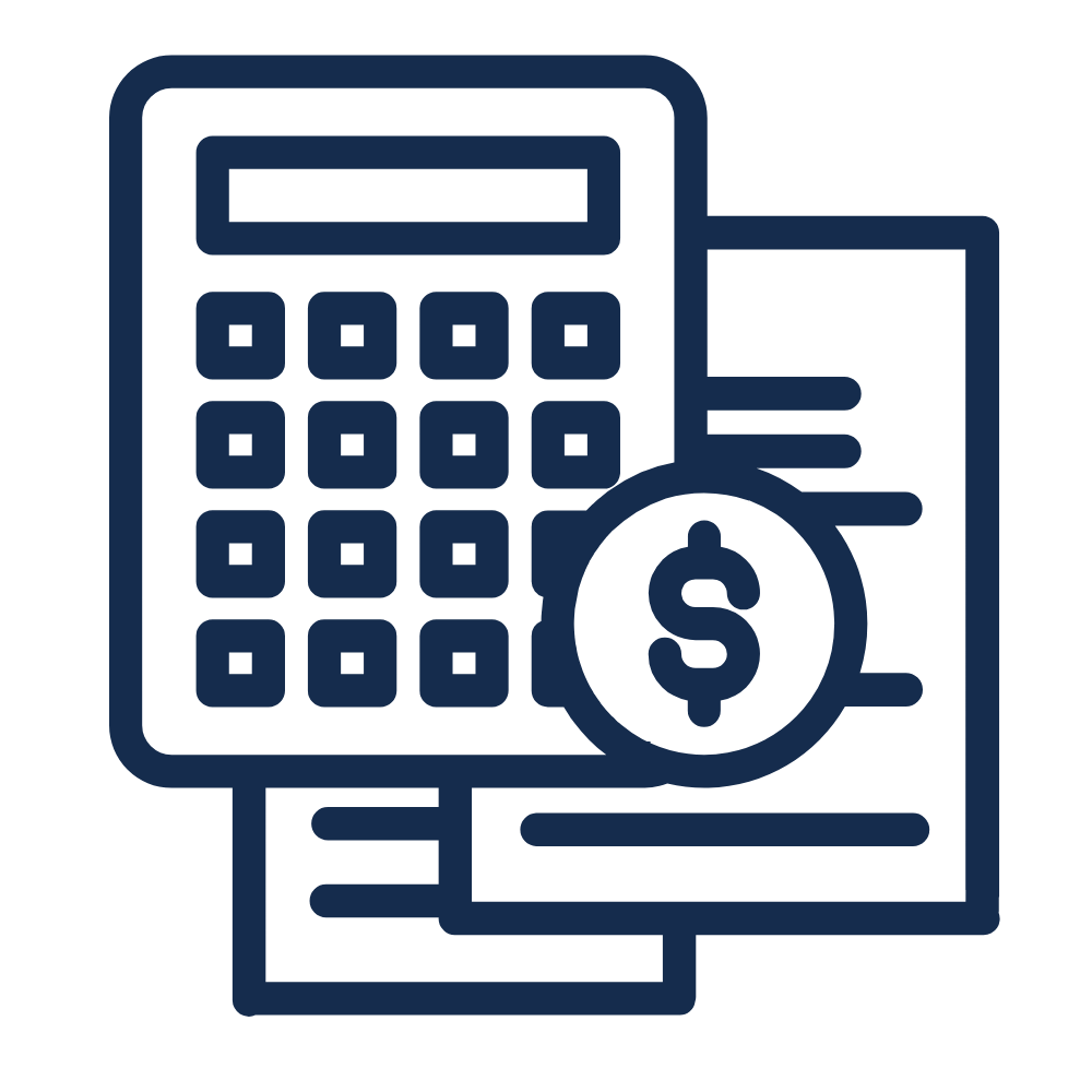 Line drawing of a calculator, a receipt, and a dollar sign on a document, representing financial calculations or expenses.