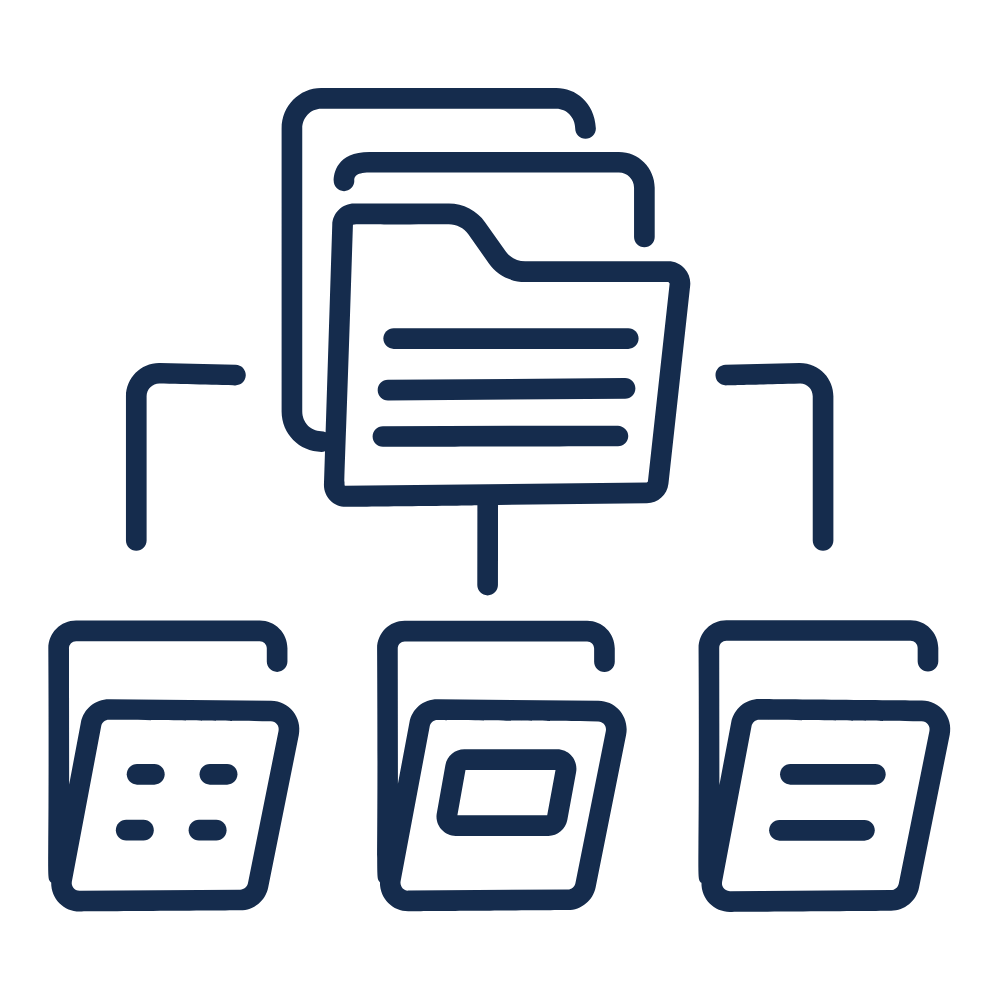 Icon of a folder with documents connected to three different file types below it.