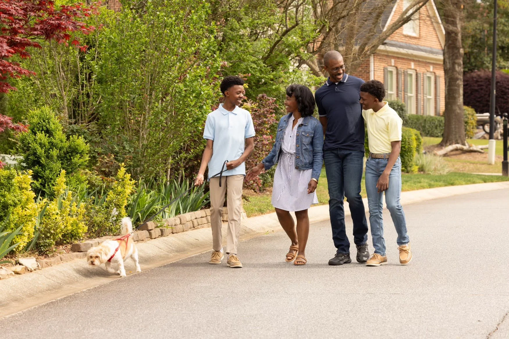 Family of four walks outside with a small white dog in the foreground and green and red-leaved trees in the background