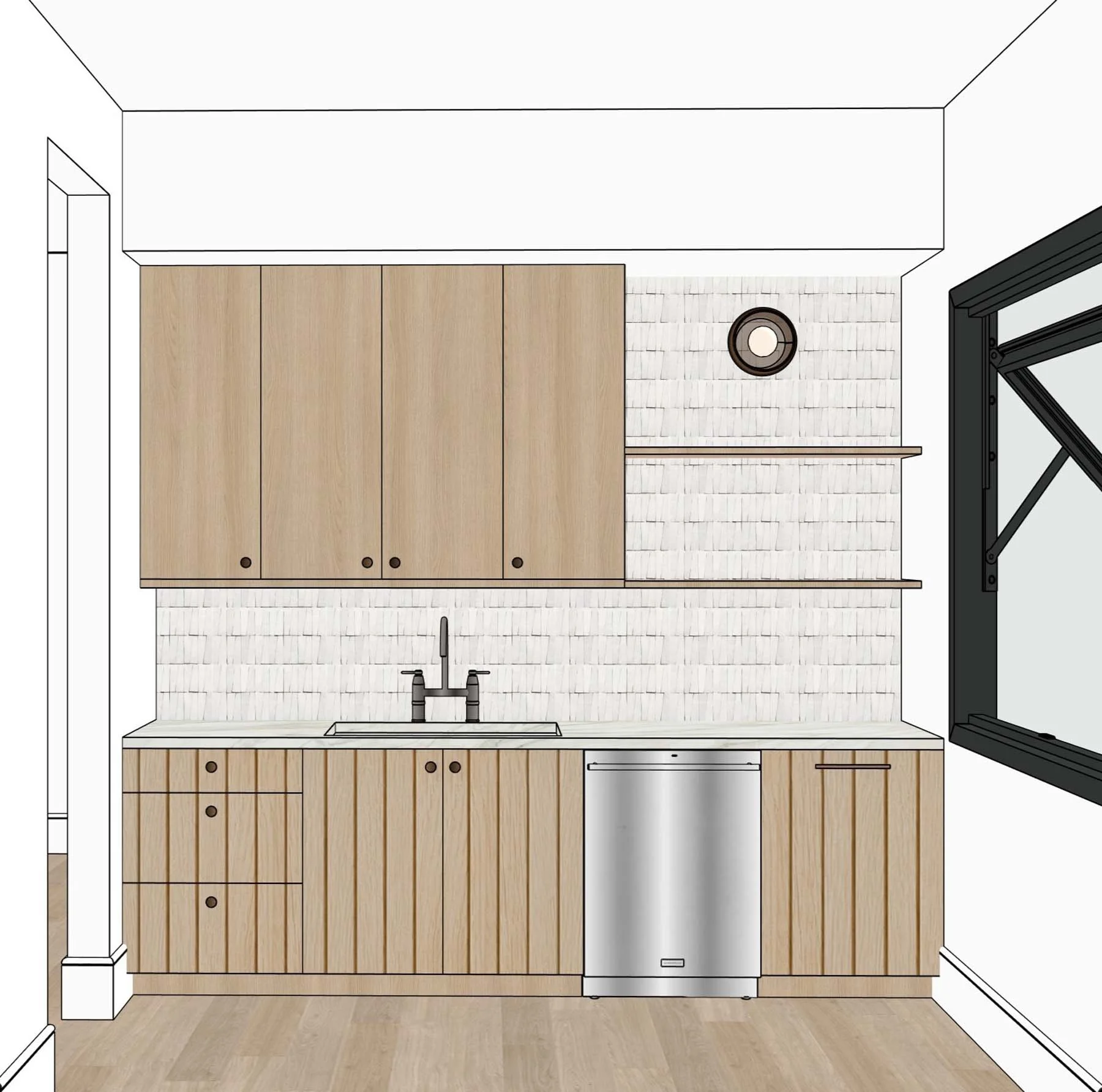 A modern kitchen with light wood cabinets, a white backsplash, a double sink with a black faucet, a small refrigerator, a dishwasher, and a window with black framing.