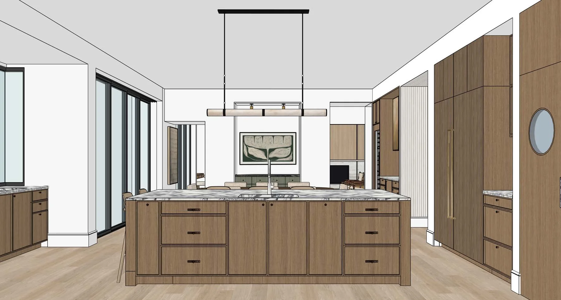 Rendering of a modern kitchen with a large central island, wooden cabinets, marble countertops, and sliding glass doors leading outside.
