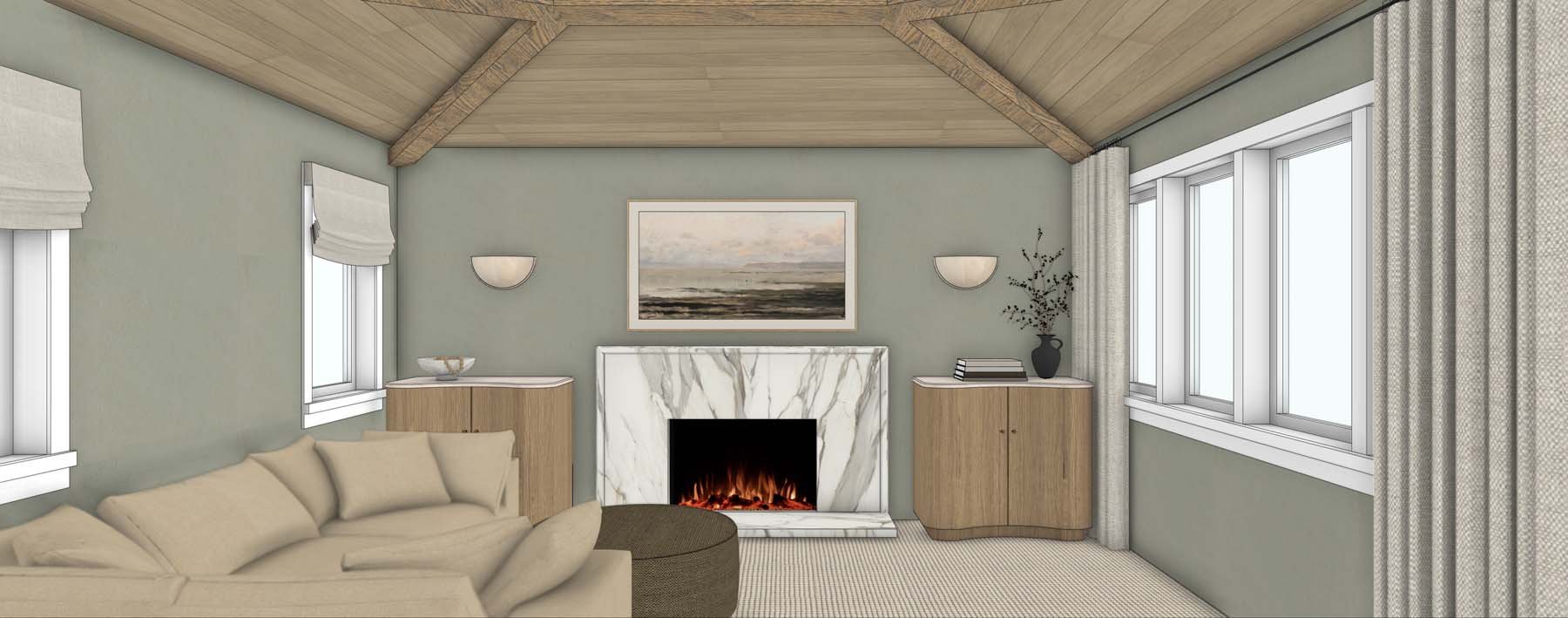 A cozy living room with a vaulted wood ceiling, a white sofa, a marble fireplace with a fire burning, two wood side cabinets, a framed painting above the fireplace, a dark round ottoman, a vase with branches on the right cabinet, and large windows with light curtains.