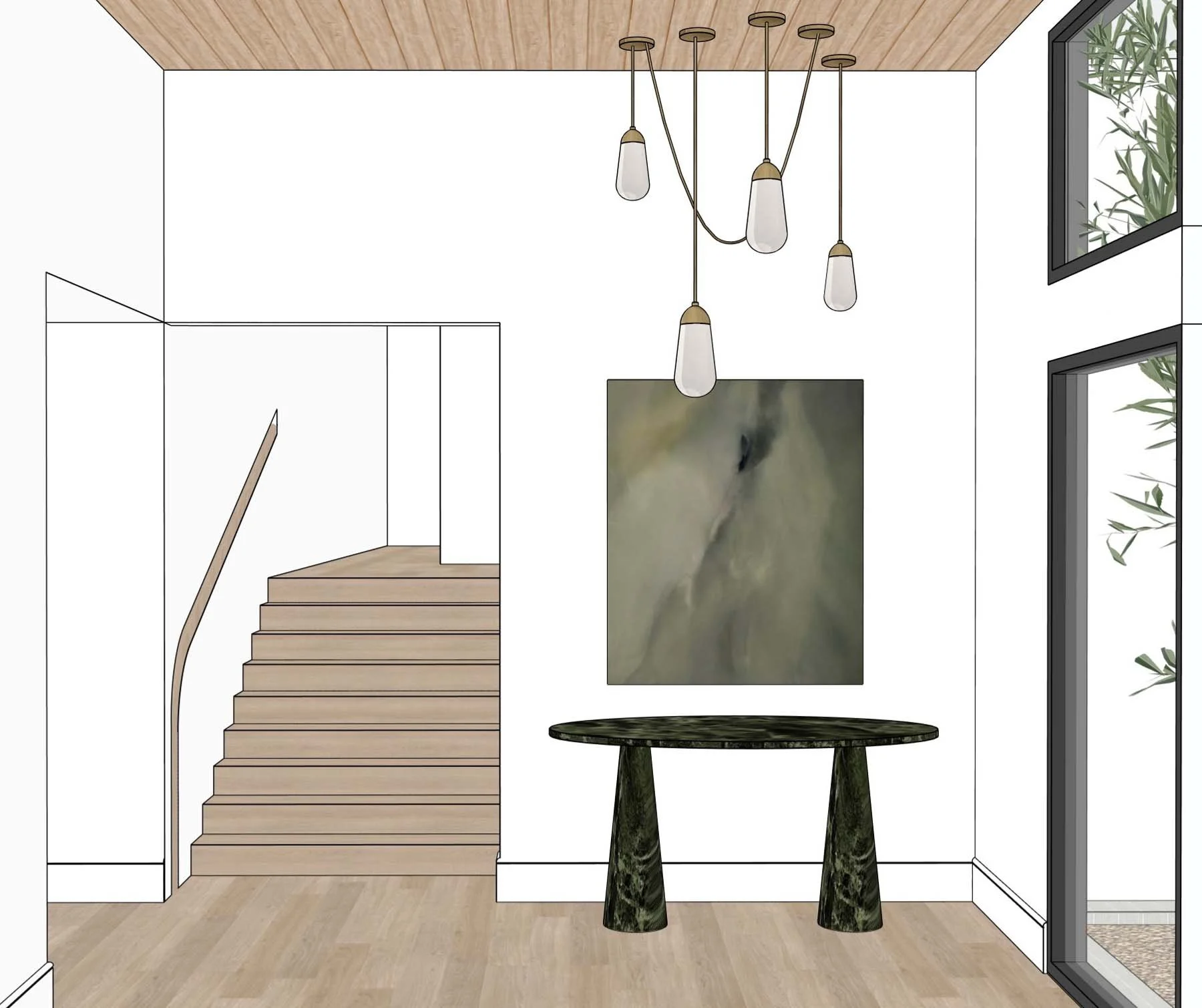 Interior view of a modern room with wooden stairs, a chandelier with multiple hanging lights, a round black table with two green marble-style legs, a large abstract painting, and a window with plants outside.
