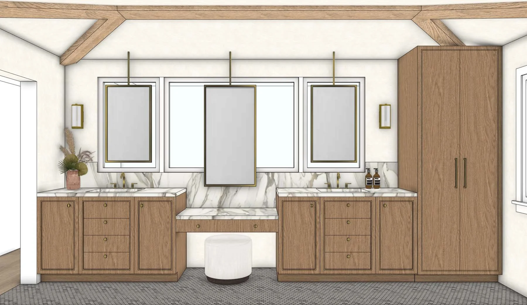A modern bathroom with wood cabinetry and marble countertop, three mirrors hanging above sinks, and a potted plant on the left countertop.