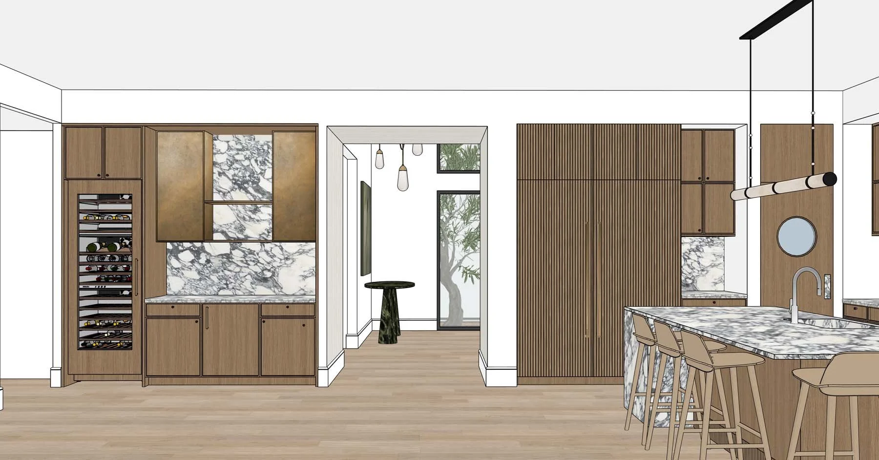 Interior kitchen design with wooden cabinets, marble countertops, and an island with barstools. There is a wine cooler on the left and a sliding glass door leading outside.