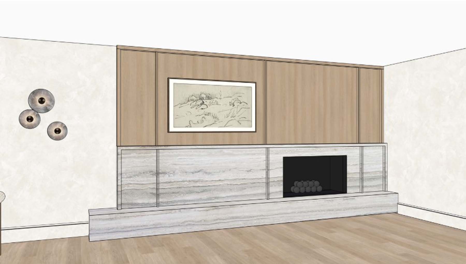 Living room with a modern fireplace, wooden wall paneling, a framed sketch artwork, and a trio of decorative wall lights.