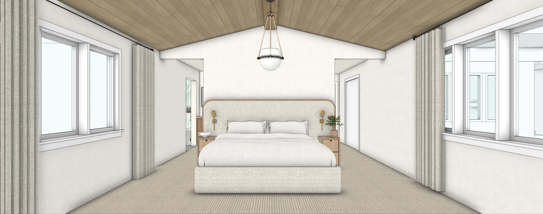 A bedroom with a bed, nightstands, lamps, windows with curtains, and a vaulted wood ceiling.