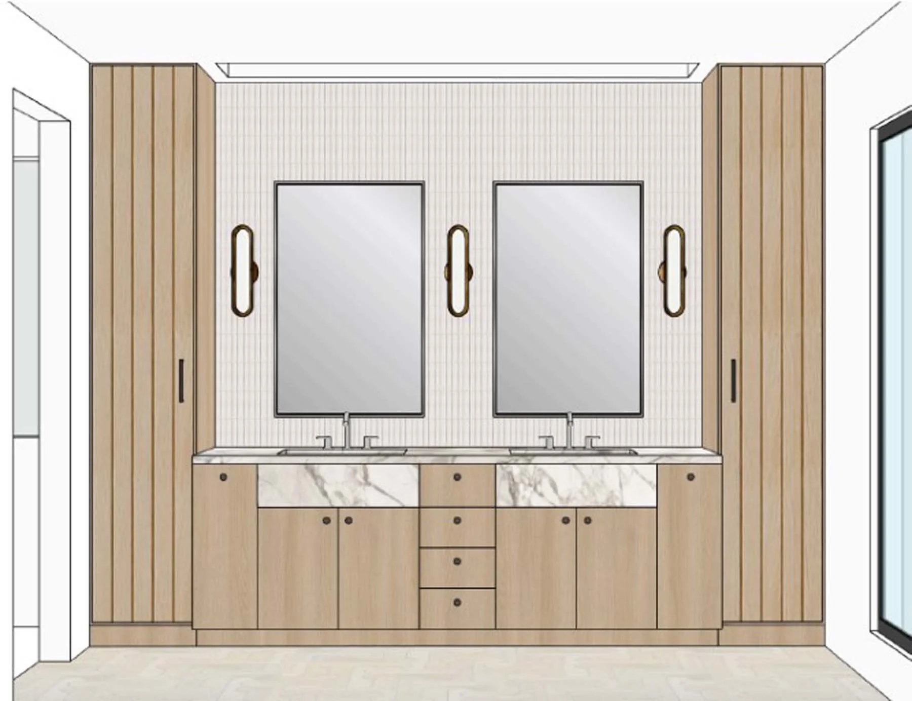 Design plan of a modern bathroom vanity with two mirrors, dual sinks, wood paneling, and marble countertop.