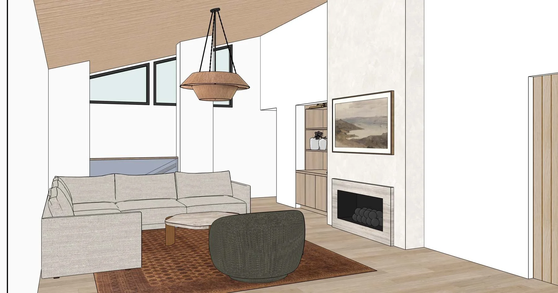 Interior of a living room with a beige sofa, a dark green armchair, and a rectangular wooden coffee table on a patterned area rug. There is a stone fireplace below a landscape painting, and a wooden shelving unit with vases. Large windows are visible behind the sofa, and a pendant light hangs from a wooden ceiling.
