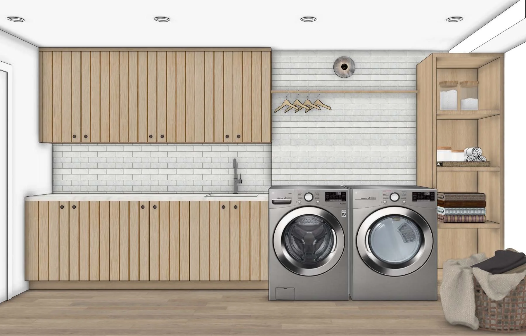 A laundry room with wooden cabinets, a white brick backsplash, a stainless steel sink, a faucet, a shelf with hangers, a ceiling vent, a washing machine, a dryer, a wooden shelving unit with towels and laundry supplies, a laundry basket, and a pile of laundry on the floor.