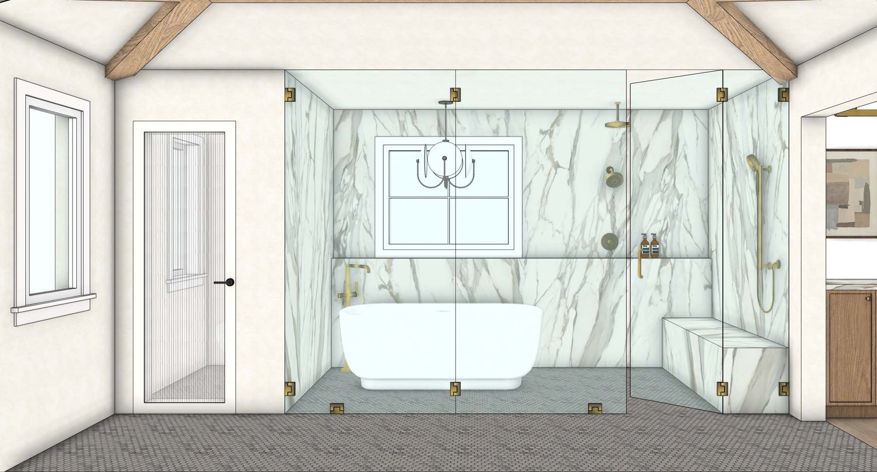 Bathroom with white subway walls, a bathtub, a gold faucet, and a glass-enclosed shower with gold fixtures. Contains a window and chandelier, with wood beams on the ceiling.