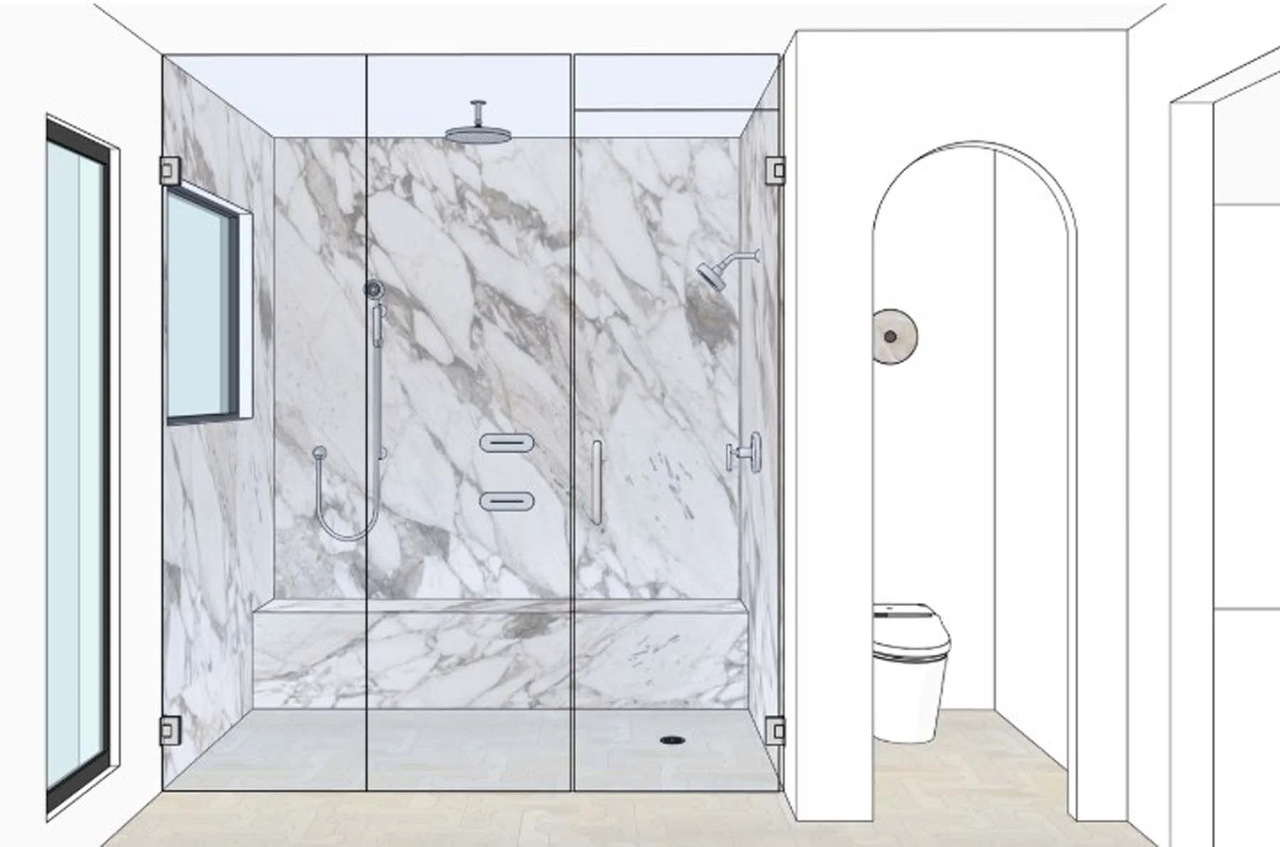 Digital rendering of a modern walk-in shower with marble walls, glass doors, a rain showerhead, a handheld shower, and a small window on the left, with a toilet visible in an adjacent space.