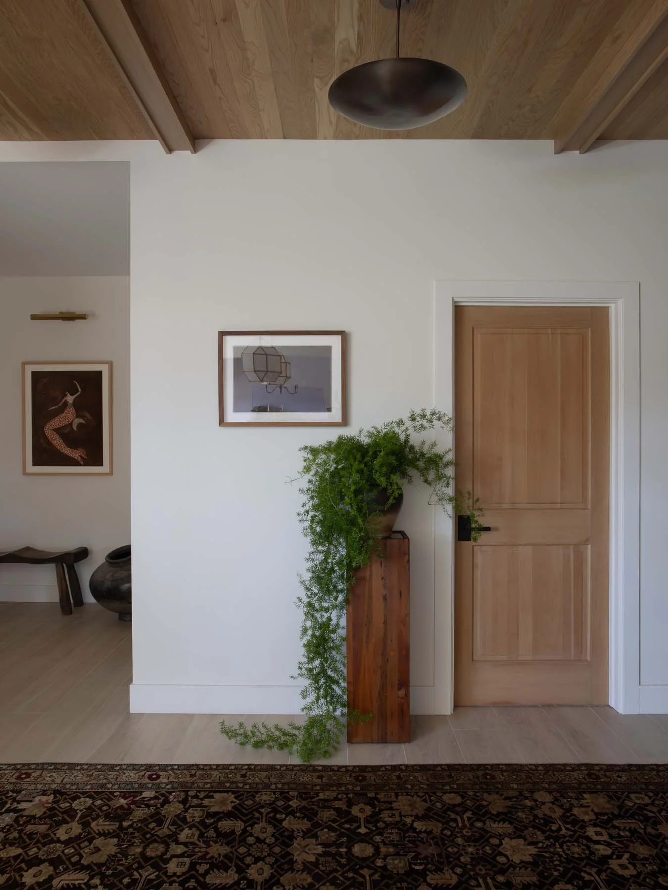 Interior of a room with a white wall, wooden door, green houseplant on a wooden stand, and framed artwork on the wall. Part of an ornate carpet is visible at the bottom, and the ceiling has wooden beams with a dark, round light fixture.