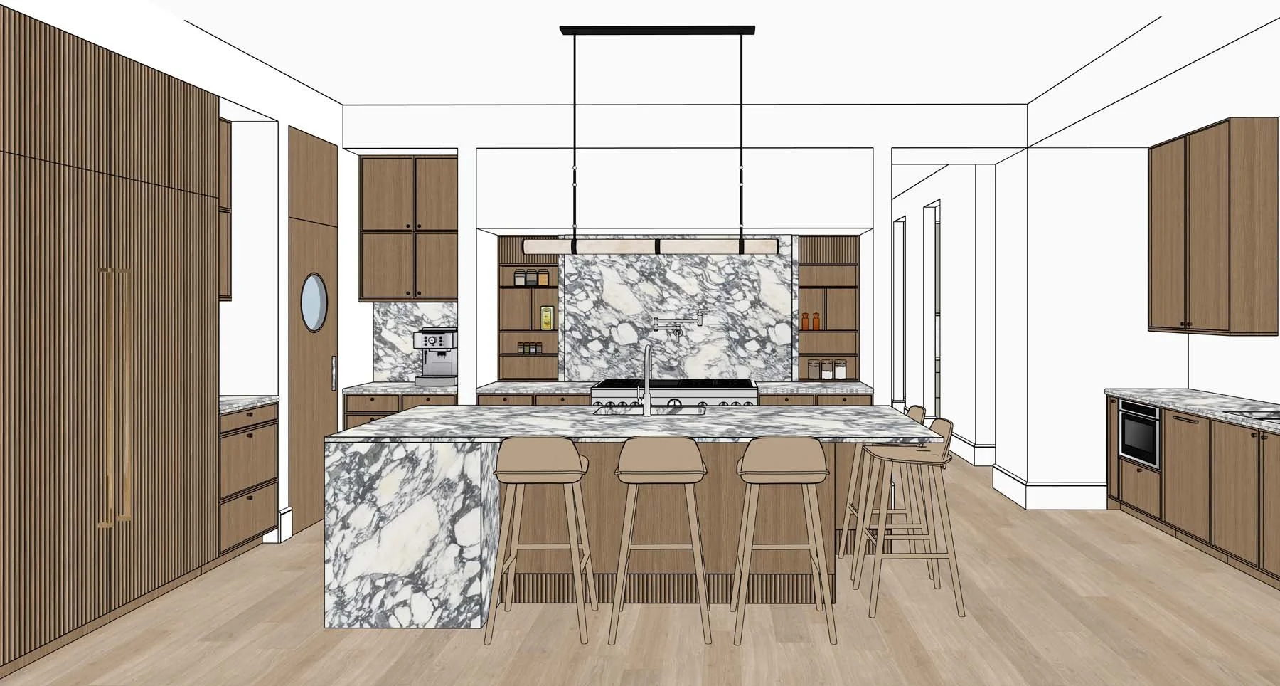 Interior of a modern kitchen with wooden cabinetry, a marble island, and a backsplash. There are four barstools at the island, and appliances like an oven and coffee maker are visible.