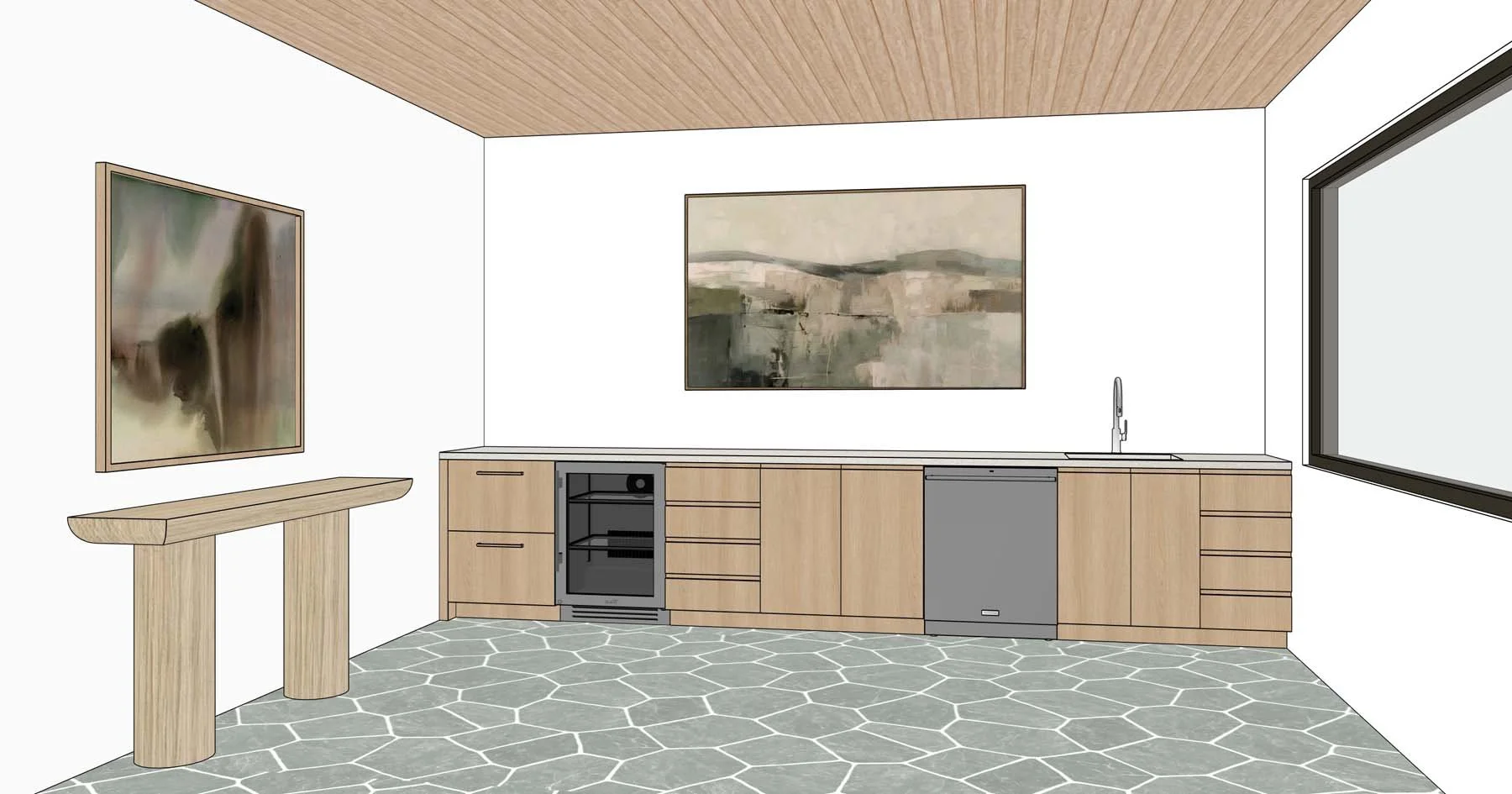 A modern kitchen with light wood cabinets, a black stove, a gray dishwasher, and a large window. Two abstract landscape paintings hang on the white walls, and a small wooden table against the left wall.