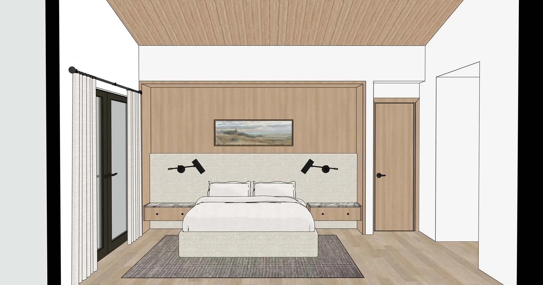 A modern bedroom with a bed, bedside tables, black wall-mounted reading lamps, a landscape picture above the headboard, and large glass doors with white curtains leading outside. The room features wooden accents on the wall, ceiling, and door, with a patterned rug on the floor.