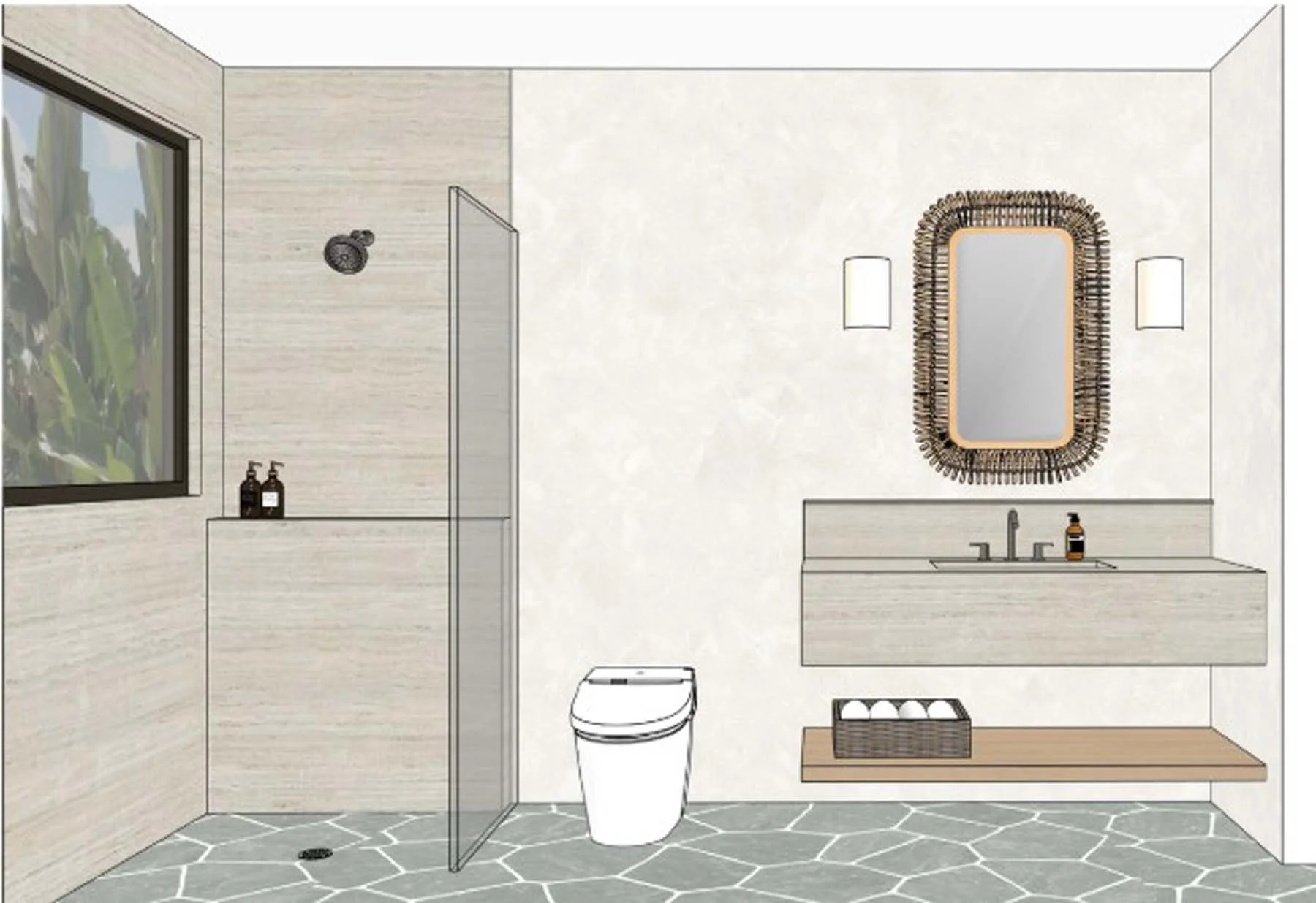 Modern bathroom with a walk-in shower, a wall-mounted mirror with a decorative frame, a sink with a countertop, a bathroom vanity, and a window overlooking greenery.