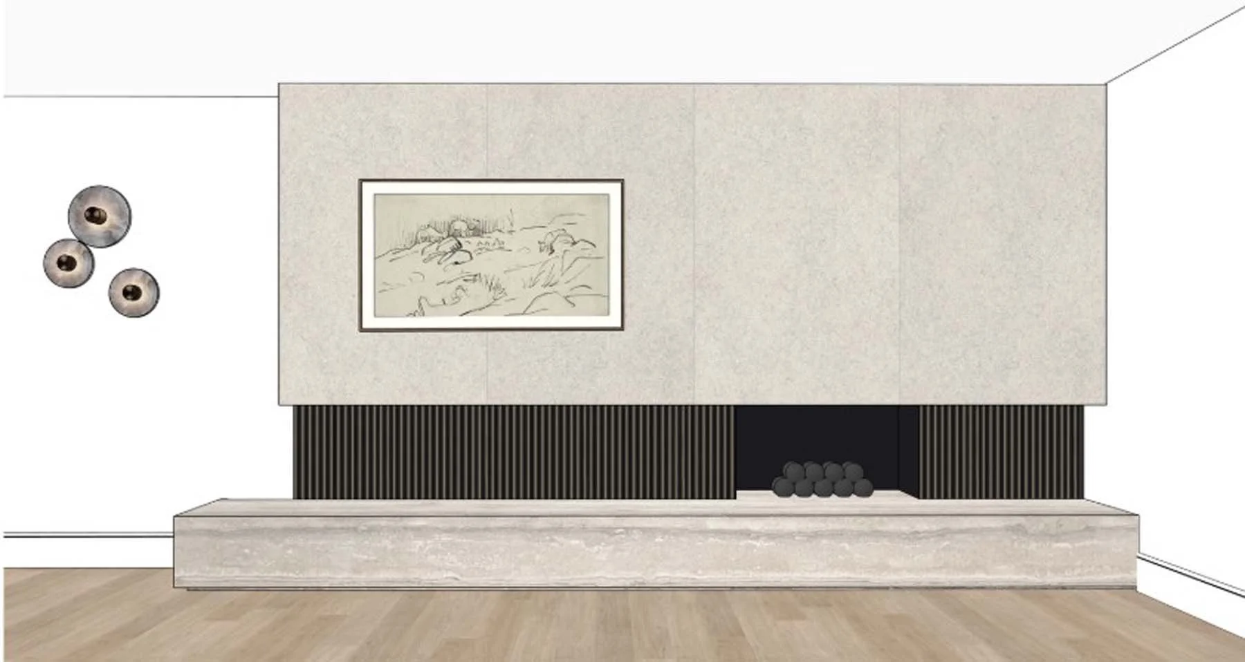 Interior of a modern living room fireplace with a rectangular opening, black logs inside, framed landscape artwork on a light-colored wall, three decorative spherical objects on the left, and light wood flooring.