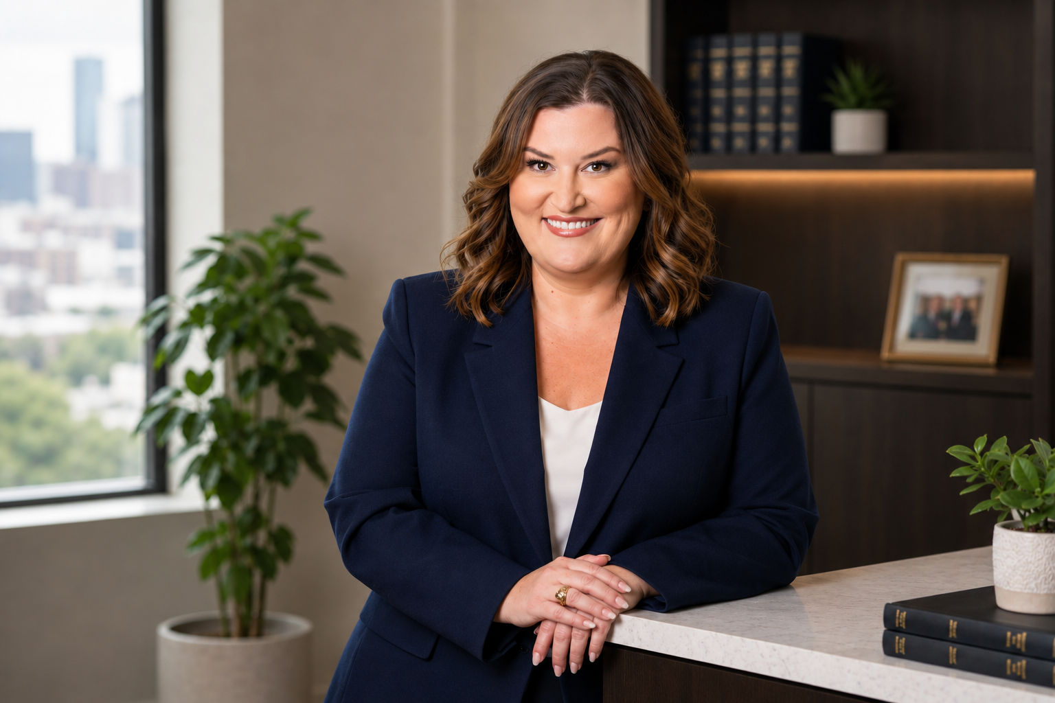 A smiling woman with shoulder-length brown hair wearing a navy blazer and white blouse, leaning on a white marble countertop in an office with plants, framed photos, and books in the background.
