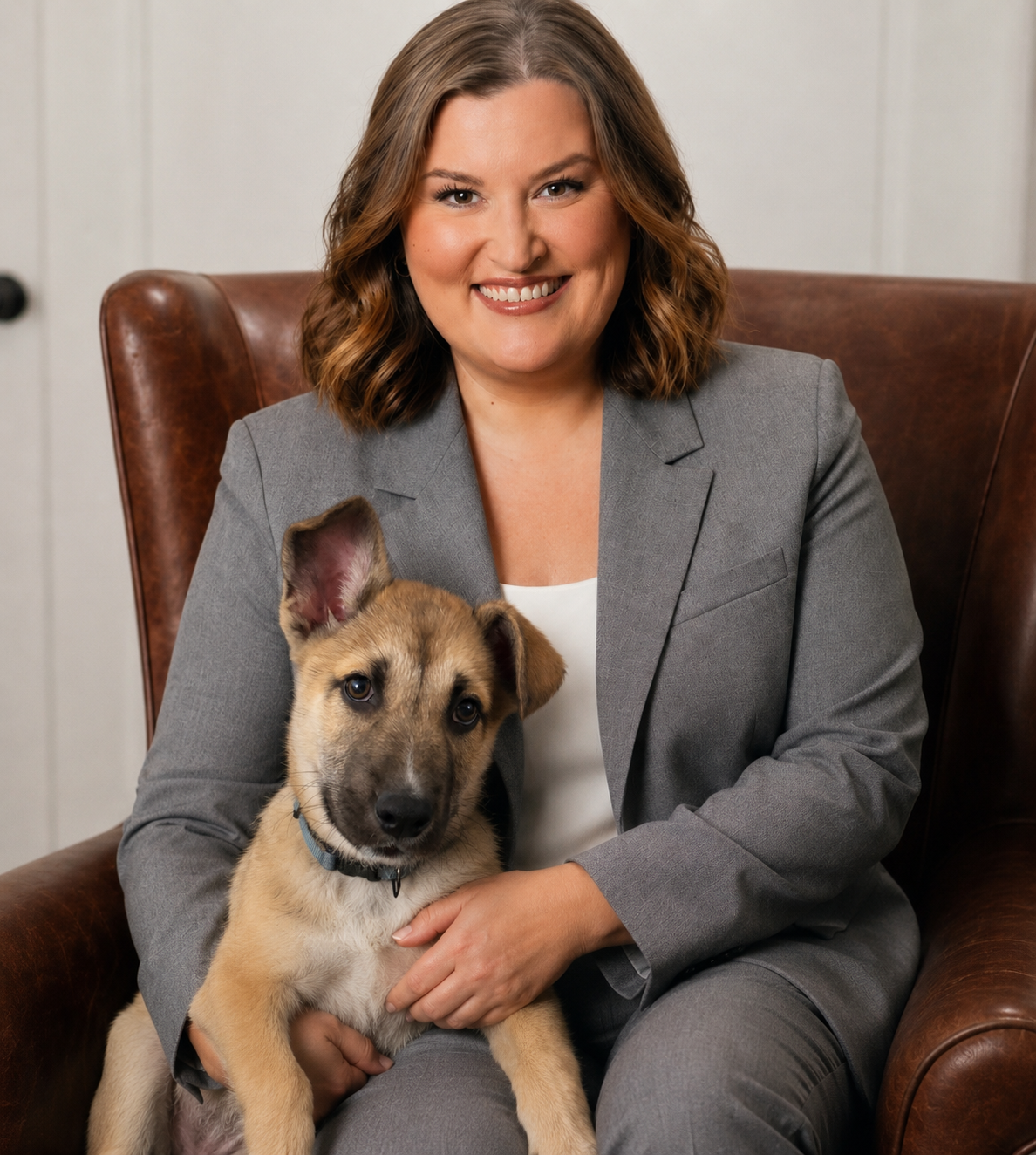 A woman in a gray suit sitting on a leather chair, smiling, with a puppy on her lap.