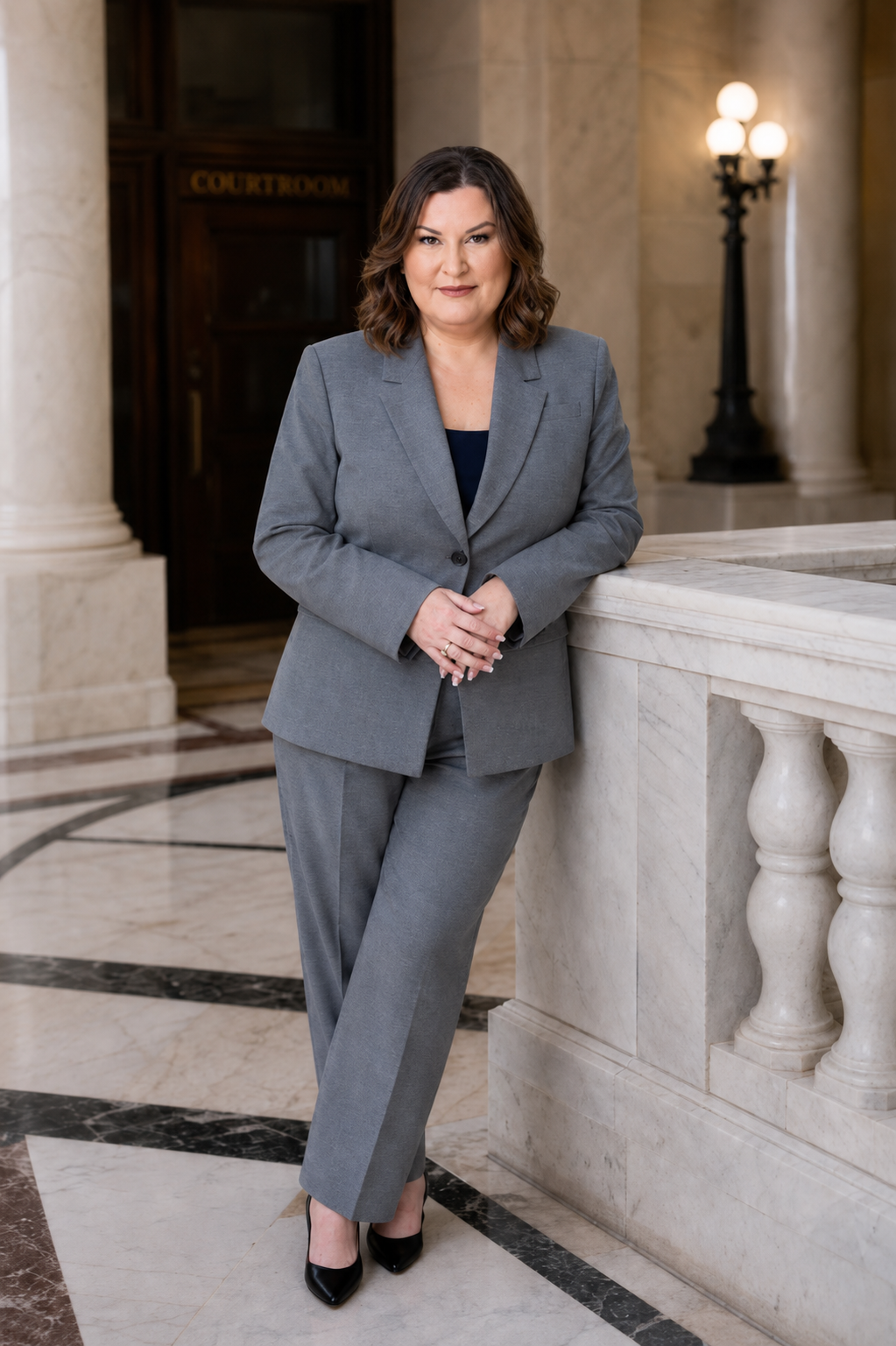 A woman in a gray business suit standing in a courthouse lobby, leaning on a marble railing with columns and a lamp in the background.