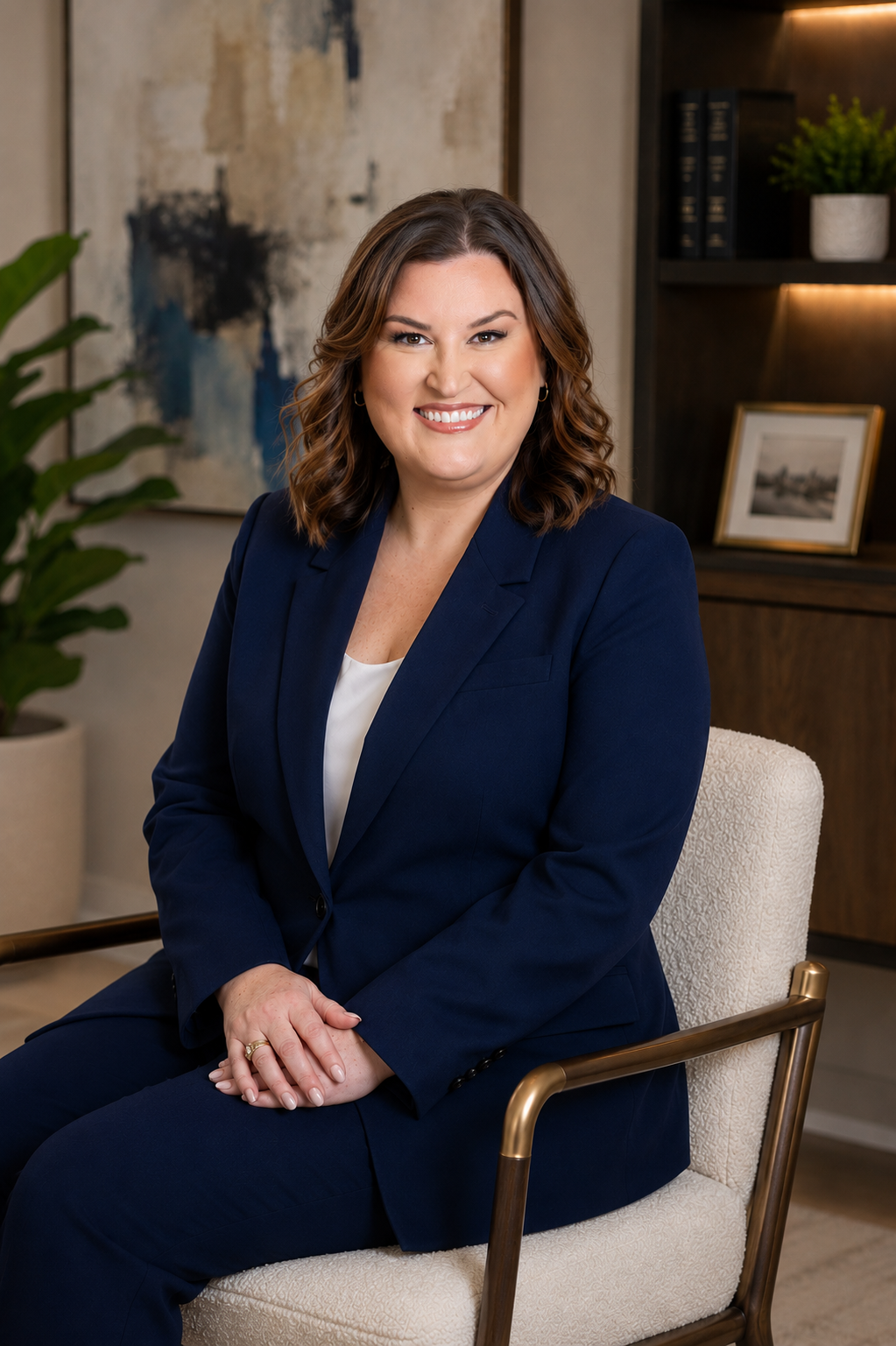 A woman with shoulder-length brown hair, wearing a navy blazer and white top, sitting on a cream-colored chair in a professional office setting.