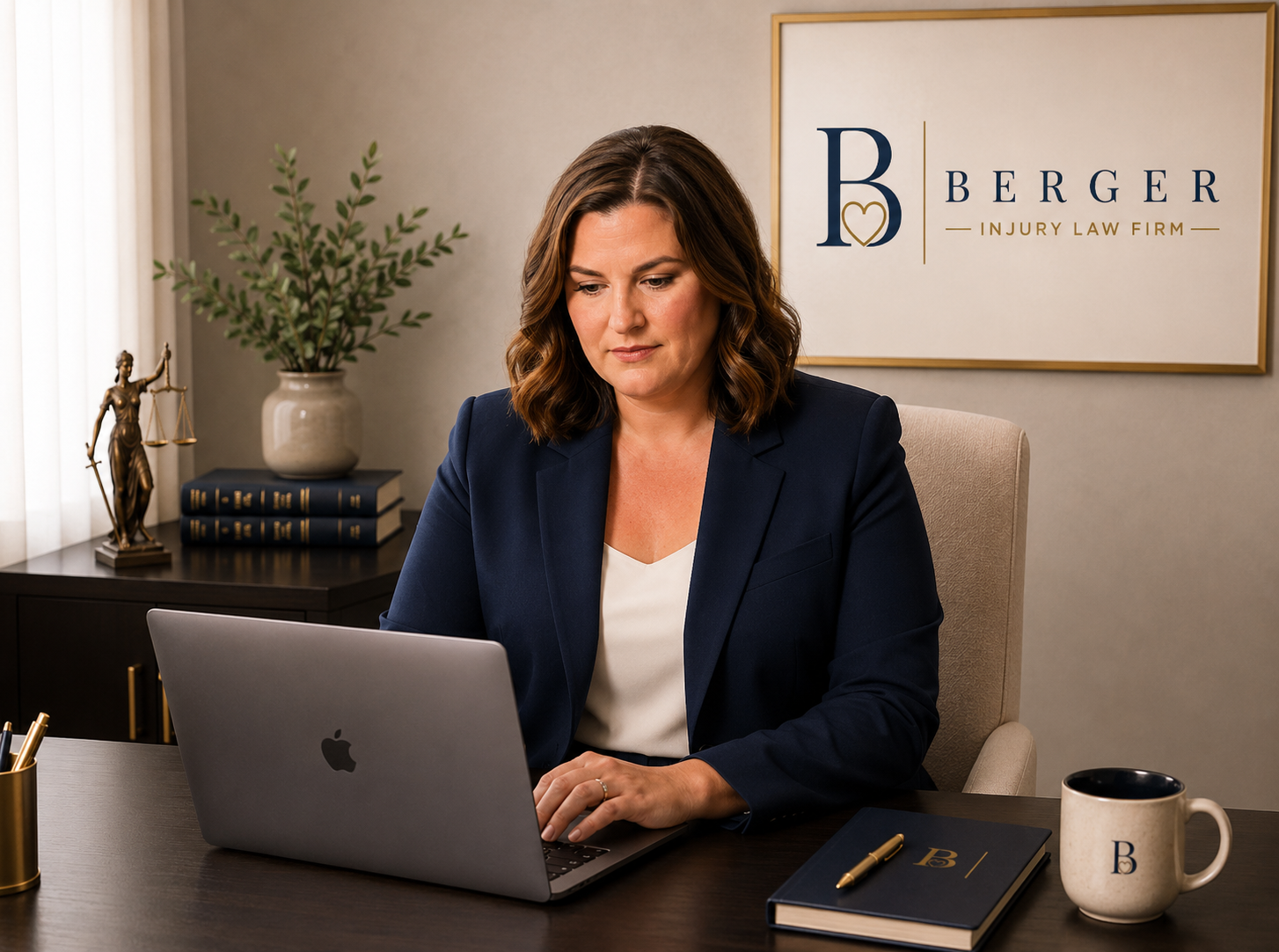 A woman working at her desk in an office, wearing a navy blazer and white top, with a laptop, notebook, and coffee mug bearing the letter 'B', in front of a large framed sign that says "Berger Injury Law Firm", with a statue of Lady Justice, a potted plant, and books on the side table.