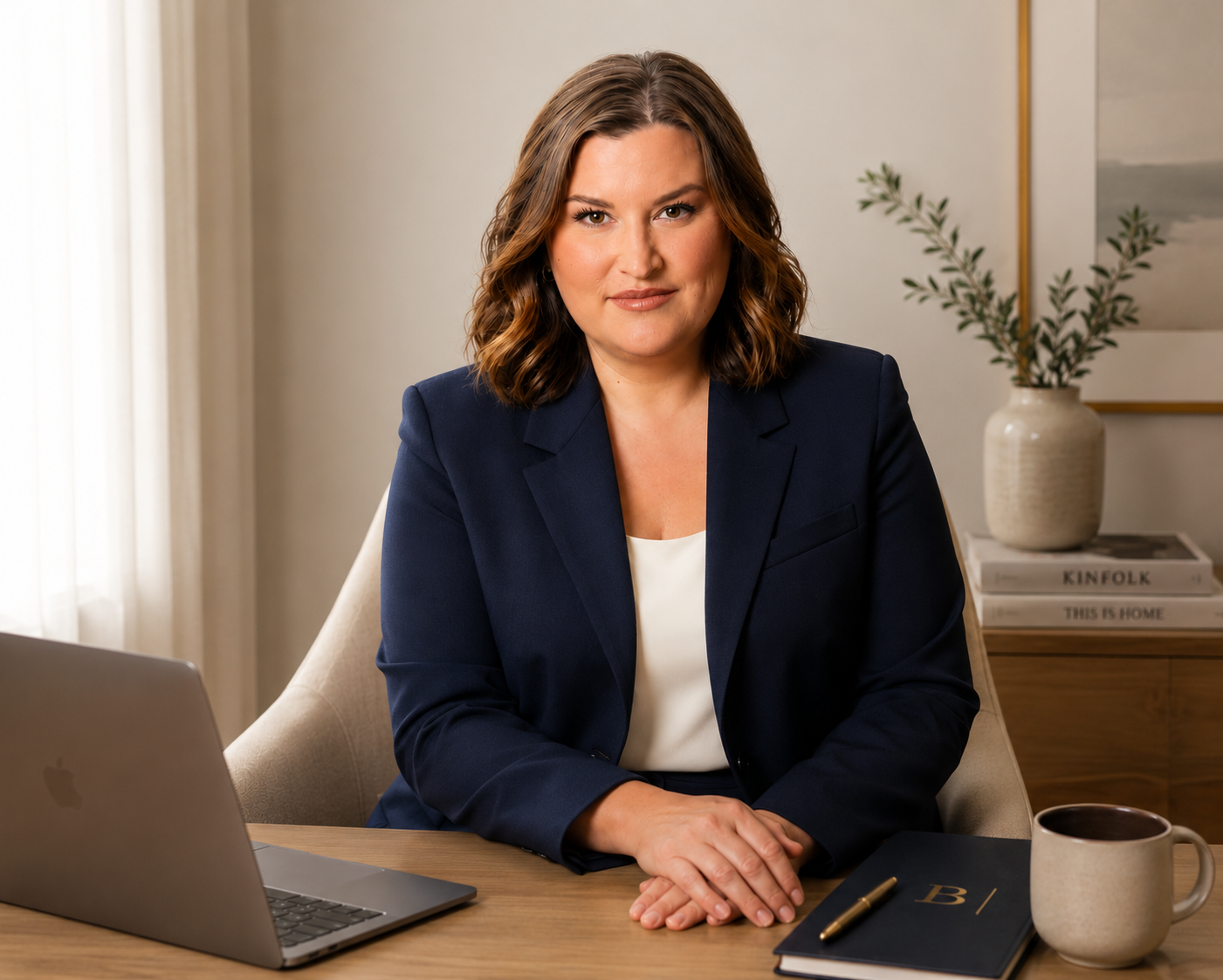 A woman with shoulder-length wavy brown hair wearing a navy blazer and white blouse sitting at a desk with a laptop, a notebook, a pen, a coffee mug, and a background with a potted plant and books.
