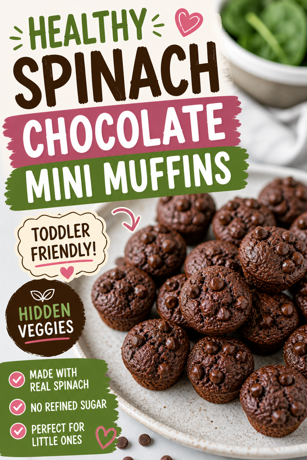 Healthy Spinach Chocolate Mini Muffins (Toddler Friendly, Hidden Veggies)