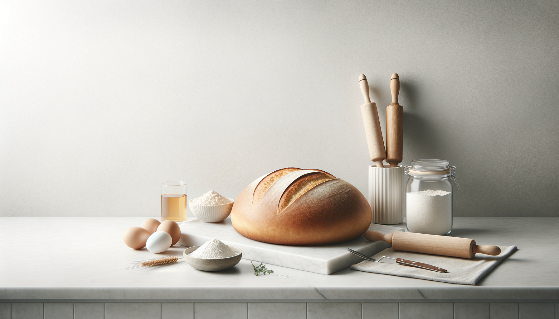Fresh loaf of bread on a white marble cutting board surrounded by eggs, flour, a glass of honey, and baking tools on a white kitchen countertop.