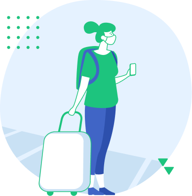 illustration of a lady traveler with a carryon suitcase in one hand and a mobile phone in the other hand