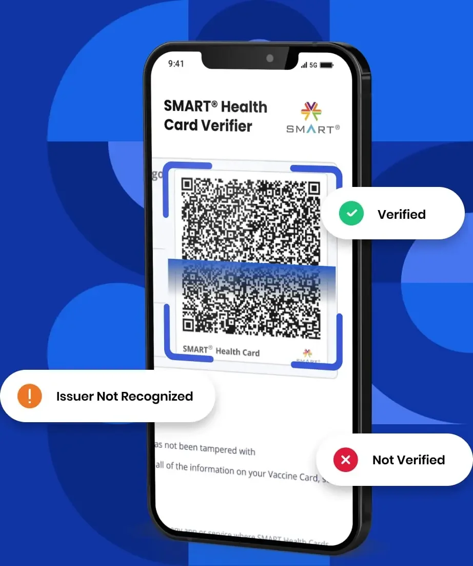 Smartphone displaying a digital health card with two QR codes, one marked as verified and another as not recognized, with status labels 'Verified', 'Issuer Not Recognized', and 'Not Verified'.