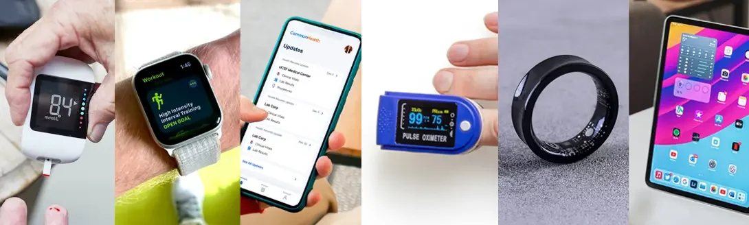 Collage of mobile phones, apple watch, pulse oximeter, mood ring, iPad, and glucose monitoring device,