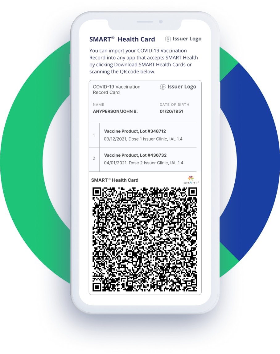 smart health card mobile app mockup on a blue and green circle