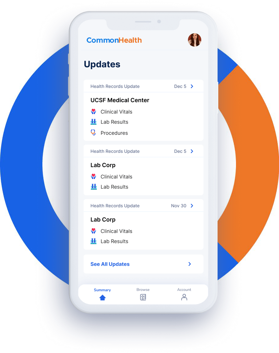 commone health mobile app mockup on a blue and orange circle