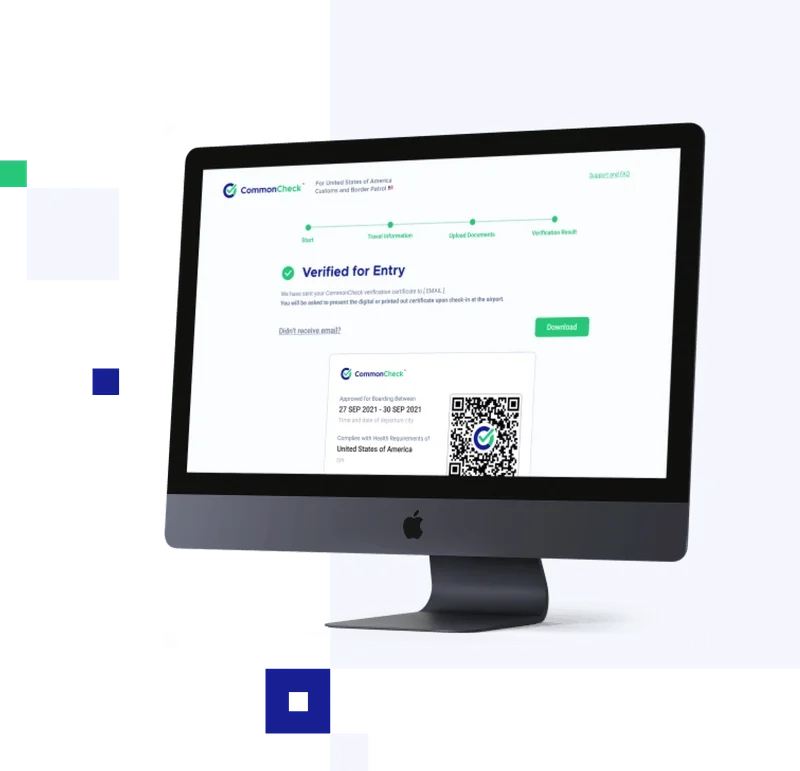 iMac computer screen showing the CommonCheck application dashboard showing Verified for Entry example with a QR code