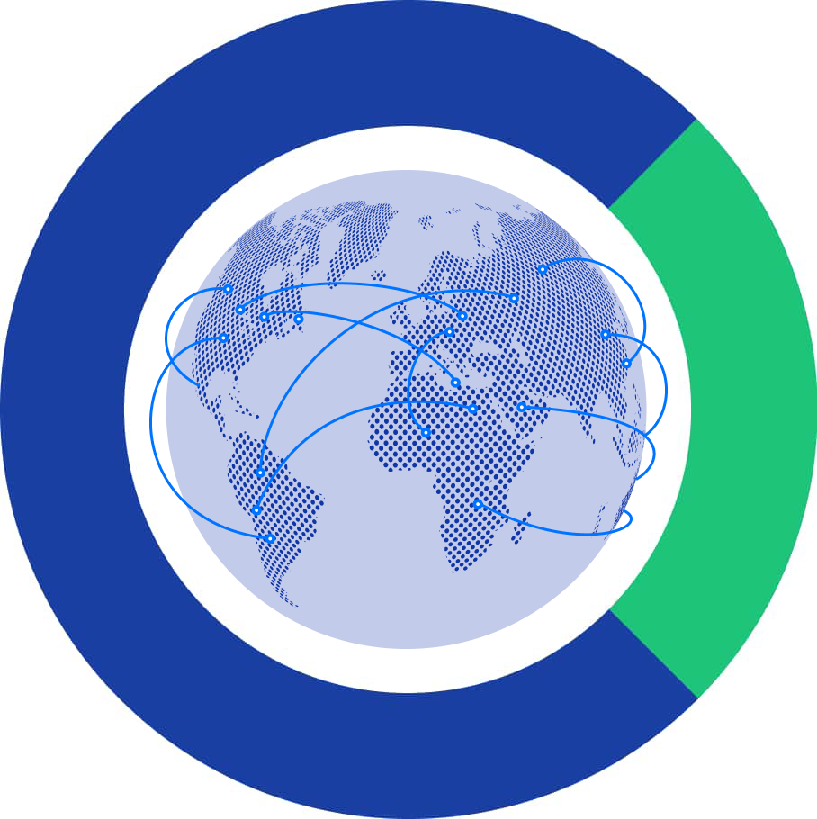 illustration of a globe with lines showing the flight paths airplanes take for global travel