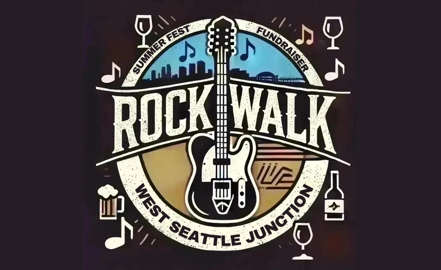 West Seattle Rock Walk Summer Fest logo featuring a guitar, music notes, and drink icons including wine glasses, a beer mug, and a wine bottle, promoting a strolling sip event through the West Seattle Junction at SummerFest