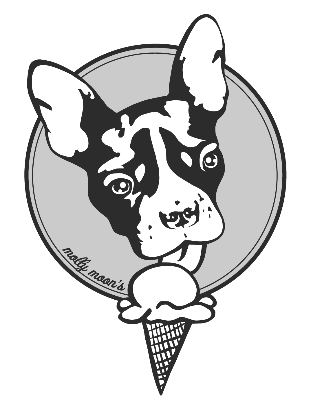 Molly Moon's Homemade Ice Cream logo featuring an illustrated Boston Terrier with an ice cream cone, an independently owned ice cream shop in West Seattle
