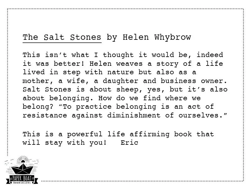 Paper Boat Booksellers shelf talker for The Salt Stones by Helen Whybrow, featuring a handwritten-style review by bookseller Eric praising the memoir as a powerful, life-affirming book about belonging, nature, and family
