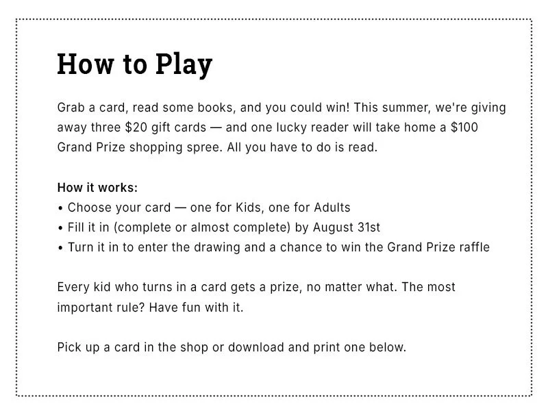 How to Play — Summer Reading Bingo instructions for Paper Boat Booksellers