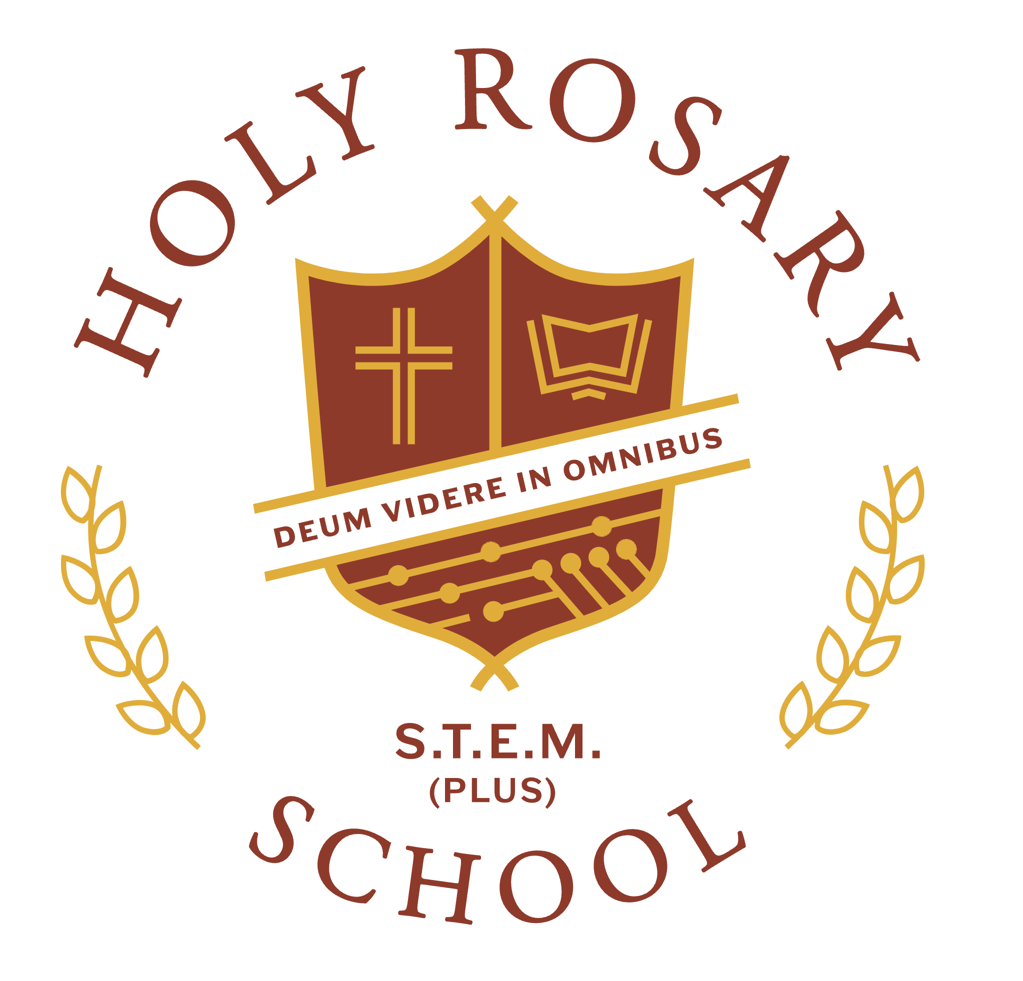Holy Rosary School logo featuring a shield emblem with a cross and open book, laurel branches, and the motto Deum Videre in Omnibus, a STEM Plus Catholic school in West Seattle