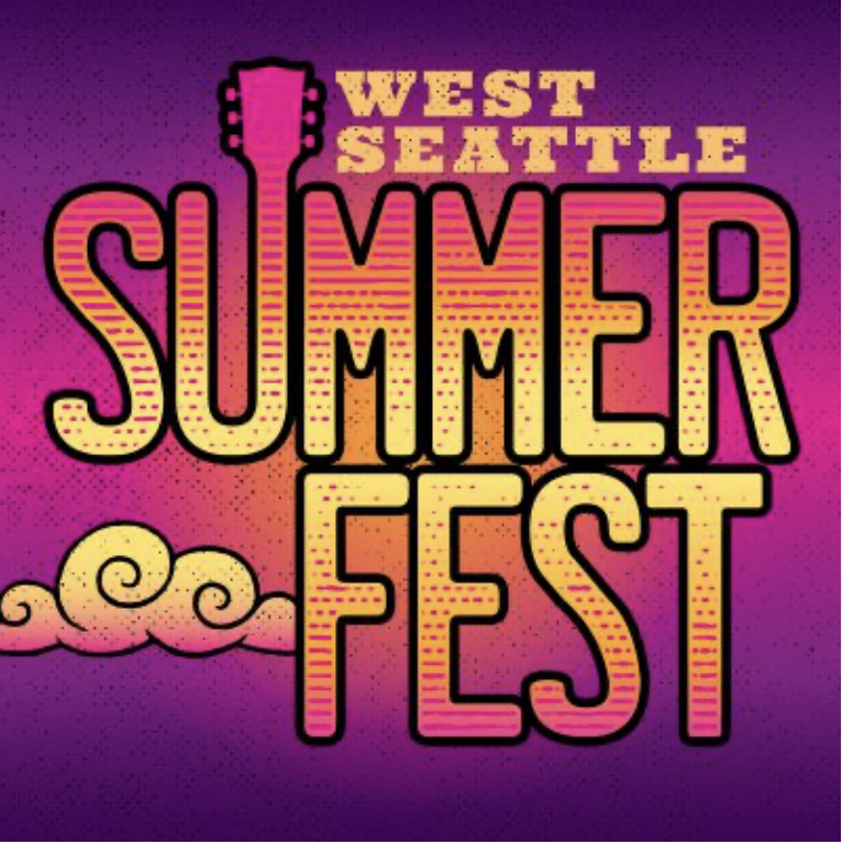 West Seattle Summer Fest logo featuring a guitar, music notes, and drink icons including wine glasses, a beer mug, and a wine bottle, promoting a strolling sip event through the West Seattle Junction at SummerFest