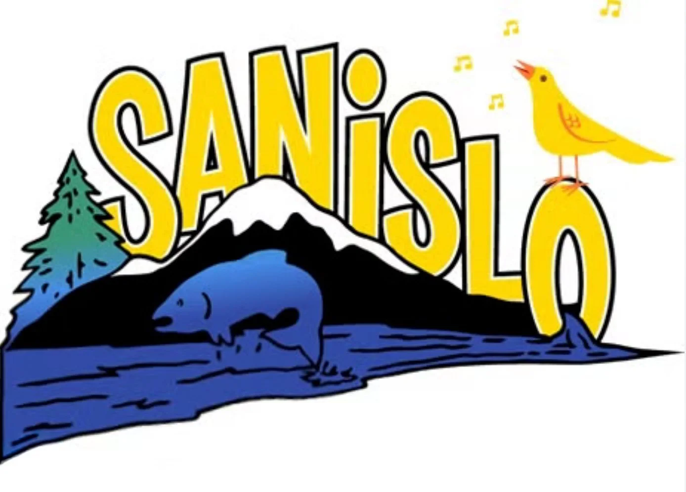 Sanislo Elementary School's logo has a mountain in the background with a fish jumping out of a river in the foreground, and a yellow bird singing while sitting on the O of the school's name