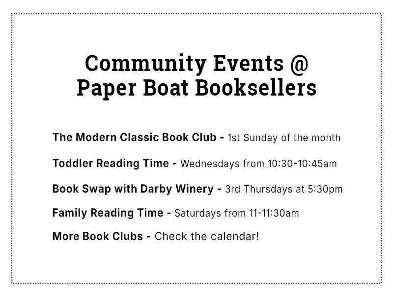 Paper Boat Booksellers community events graphic listing recurring programs including the Modern Classic Book Club, Toddler Reading Time on Wednesdays, Book Swap with Darby Winery on third Thursdays, & Family Reading Time on Saturdays in West Seattle
