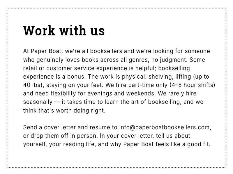Work with us – description about working at Paper Boat Booksellers and how to apply for a job