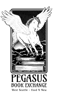Pegasus Book Exchange logo in black and white featuring a winged horse above a stack of books, an independent used and new bookstore in West Seattle