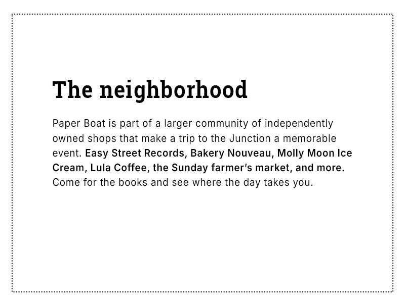 Paper Boat Booksellers neighborhood graphic describing the West Seattle Junction community, highlighting nearby independently owned businesses including Easy Street Records, Bakery Nouveau, Molly Moon Ice Cream, Lula Coffee, and the Sunday market